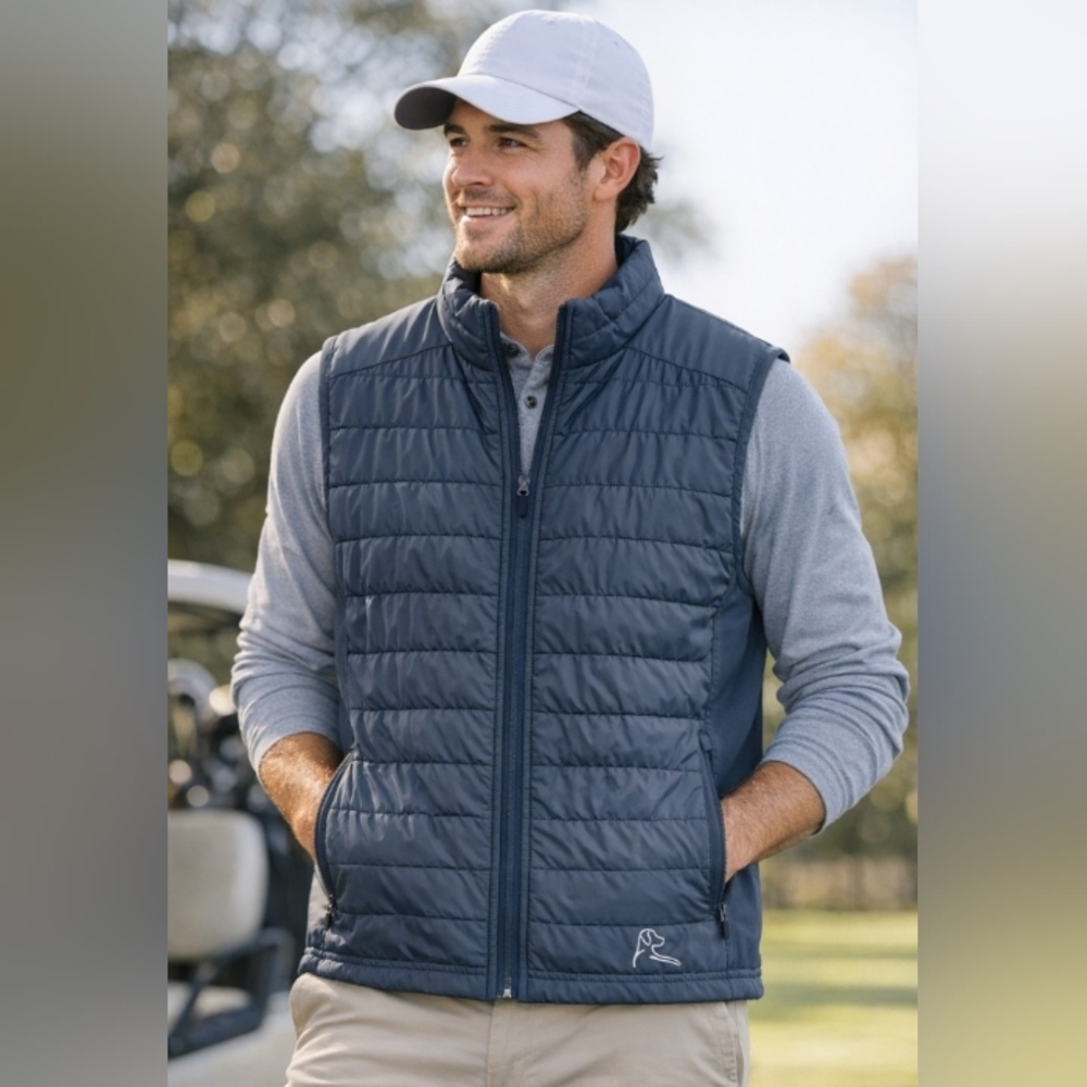 Rhoback Quilted Performance Vest Gray/Blue Zip Front Stretch Side Panels  M